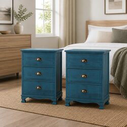 Vintage Blue Bedside Table with 3 Drawers