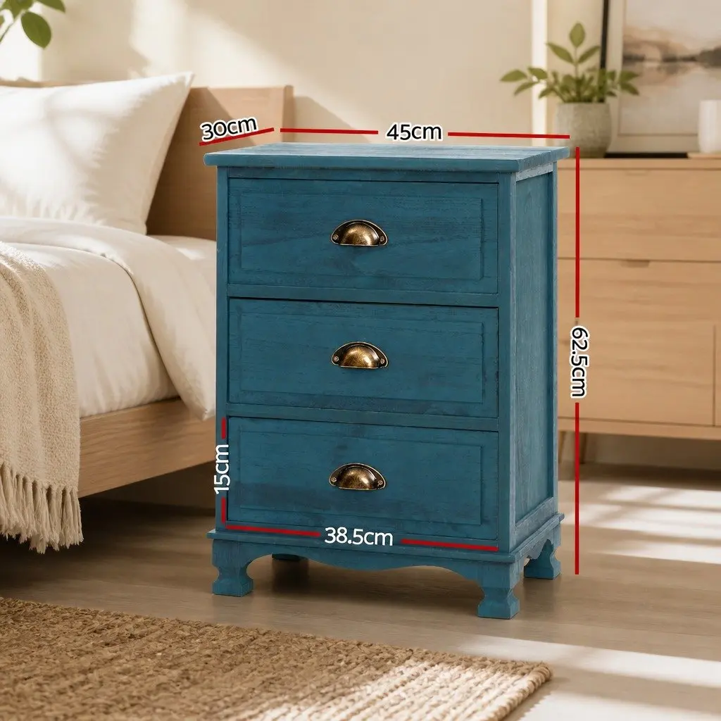 Vintage Blue Bedside Table with 3 Drawers