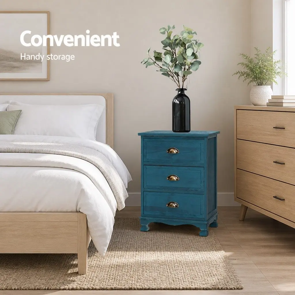 Vintage Blue Bedside Table with 3 Drawers