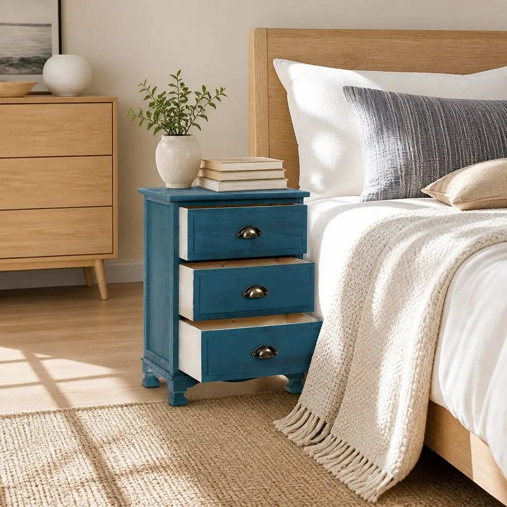 Vintage Blue Bedside Table with 3 Drawers