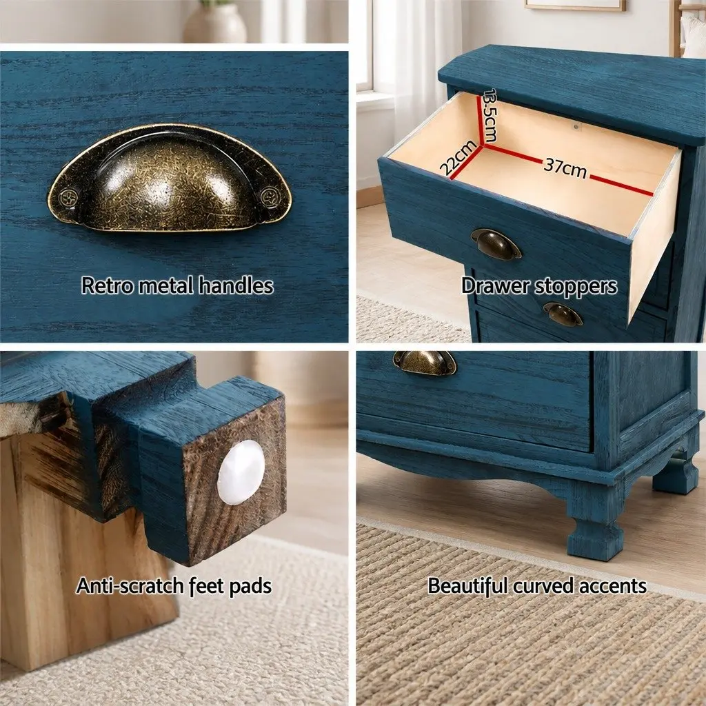 Vintage Blue Bedside Table with 3 Drawers