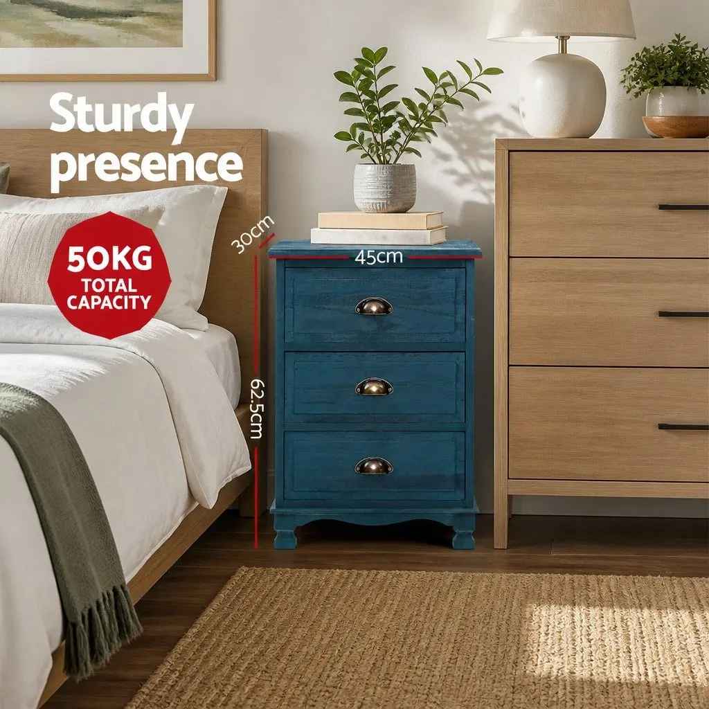 Vintage Blue Bedside Table with 3 Drawers