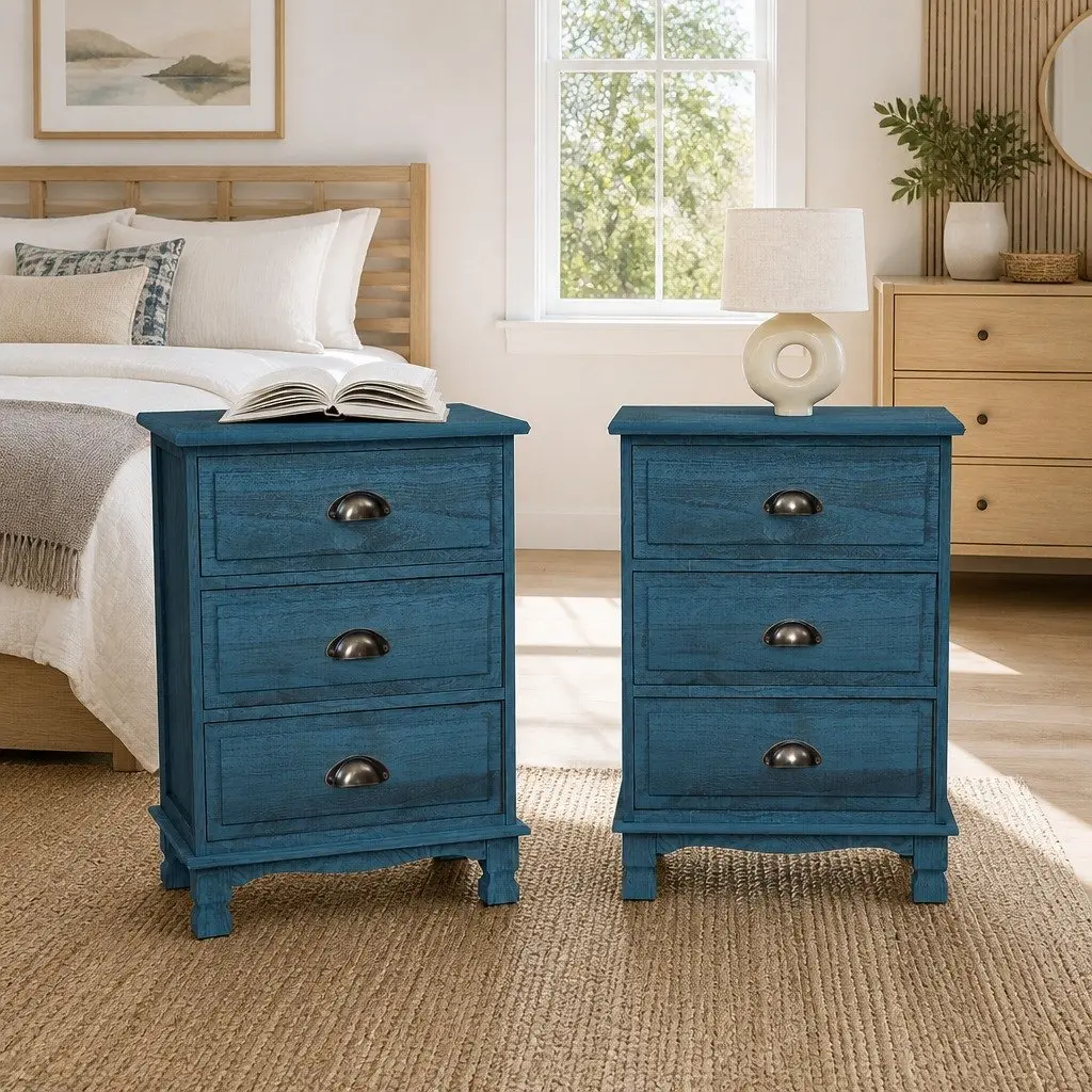 Vintage Blue Bedside Table with 3 Drawers