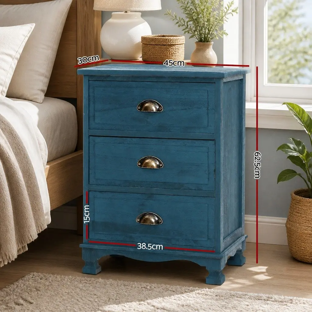 3 Drawer Bedside Table Wooden Blue Vintage Storage Cabinet