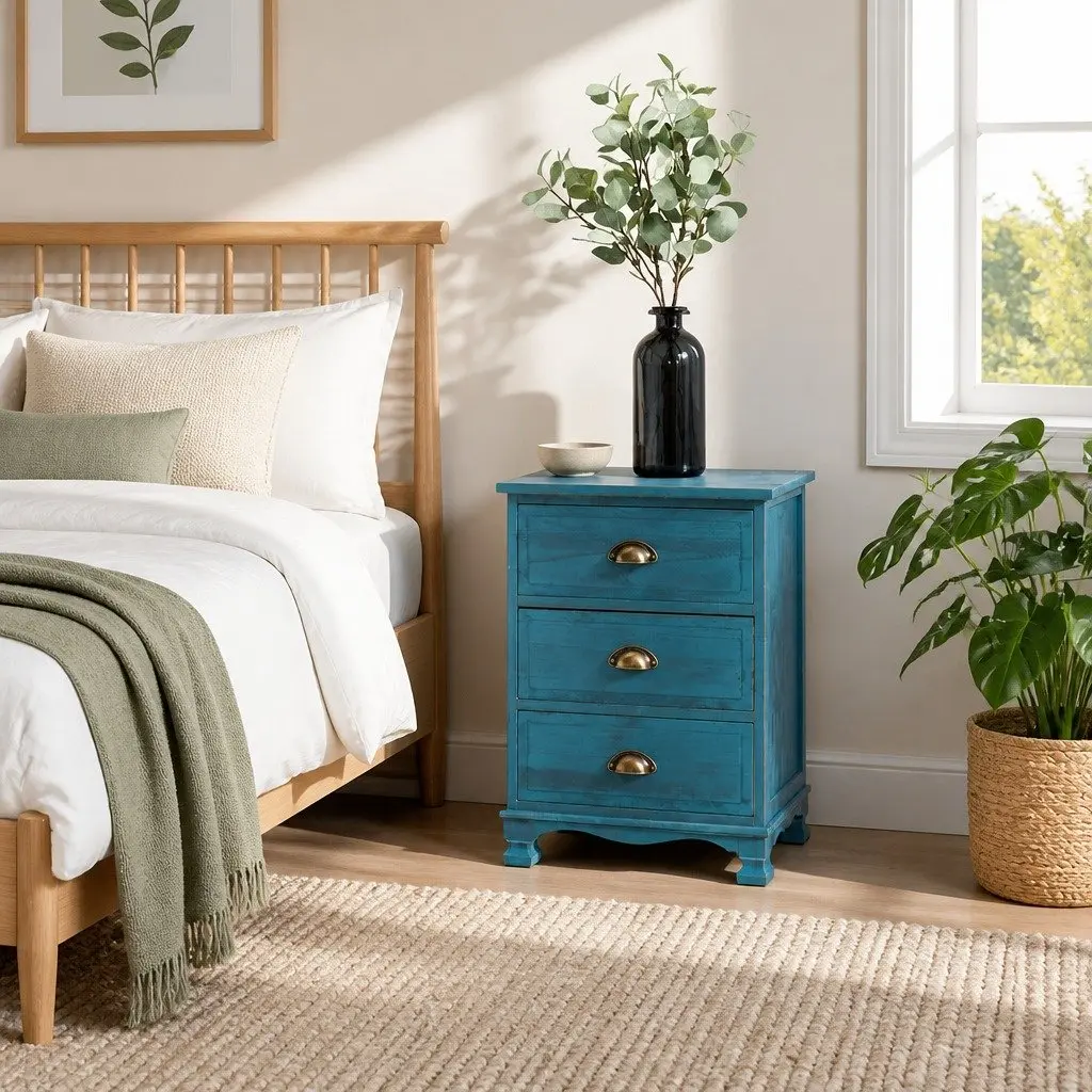 3 Drawer Bedside Table Wooden Blue Vintage Storage Cabinet