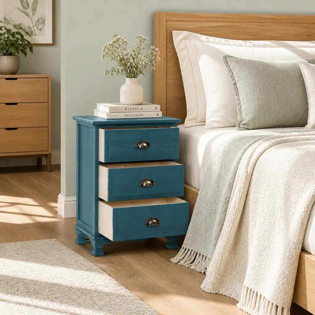 3 Drawer Bedside Table Wooden Blue Vintage Storage Cabinet