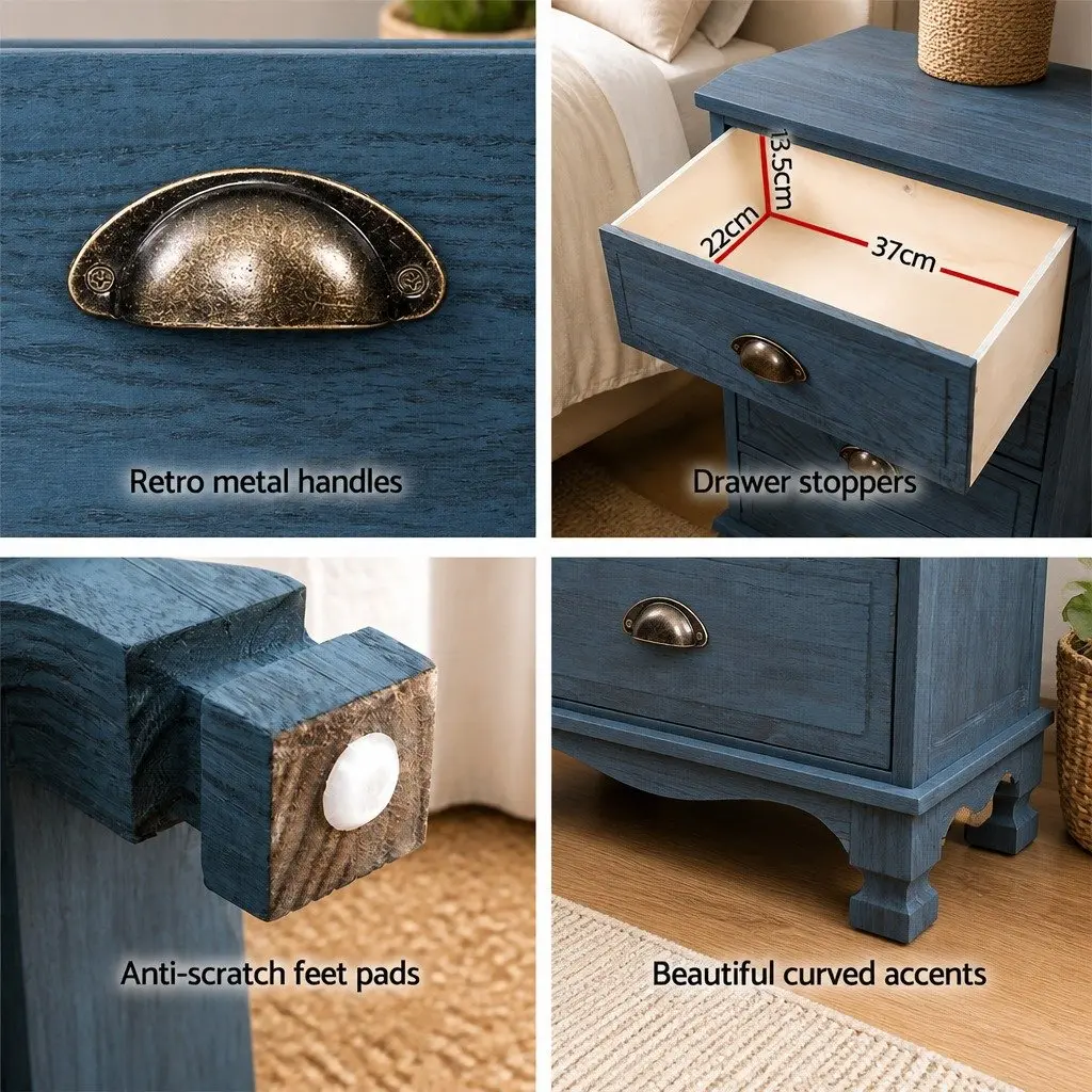 3 Drawer Bedside Table Wooden Blue Vintage Storage Cabinet