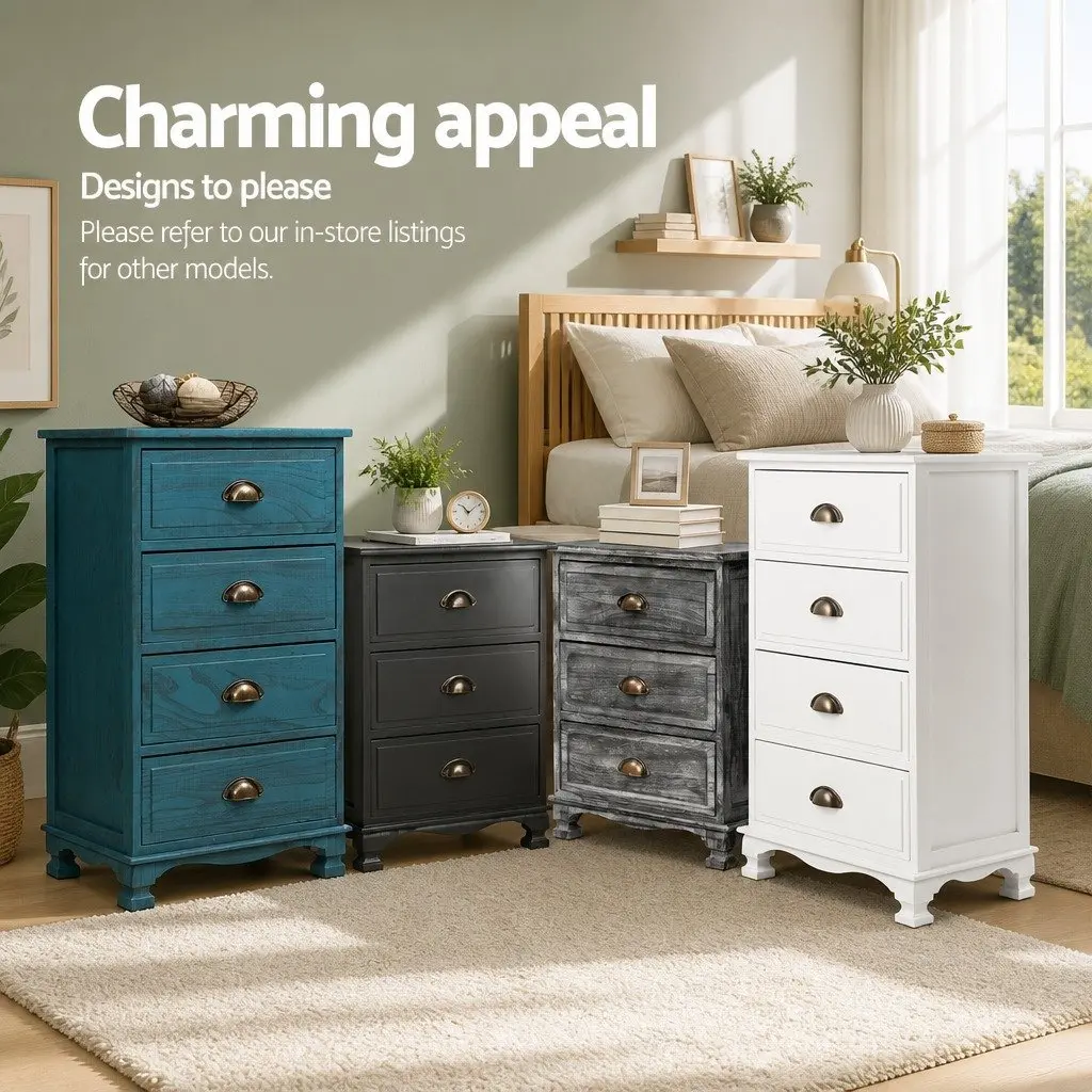 3 Drawer Bedside Table Wooden Blue Vintage Storage Cabinet