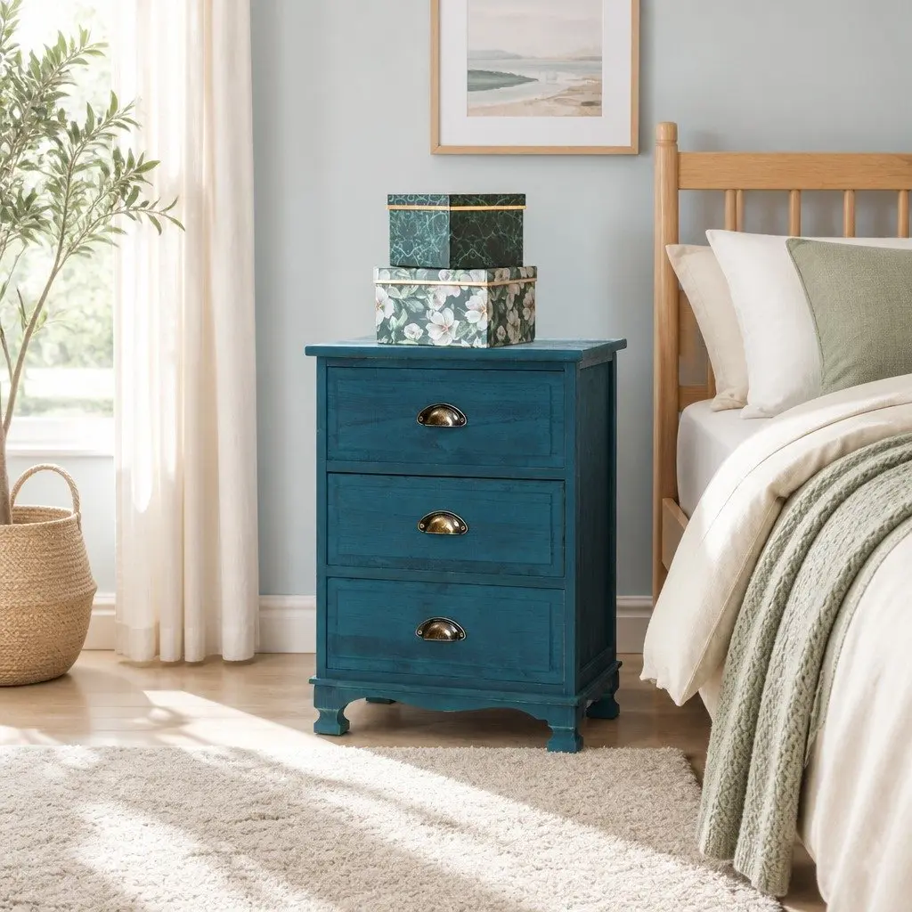 3 Drawer Bedside Table Wooden Blue Vintage Storage Cabinet