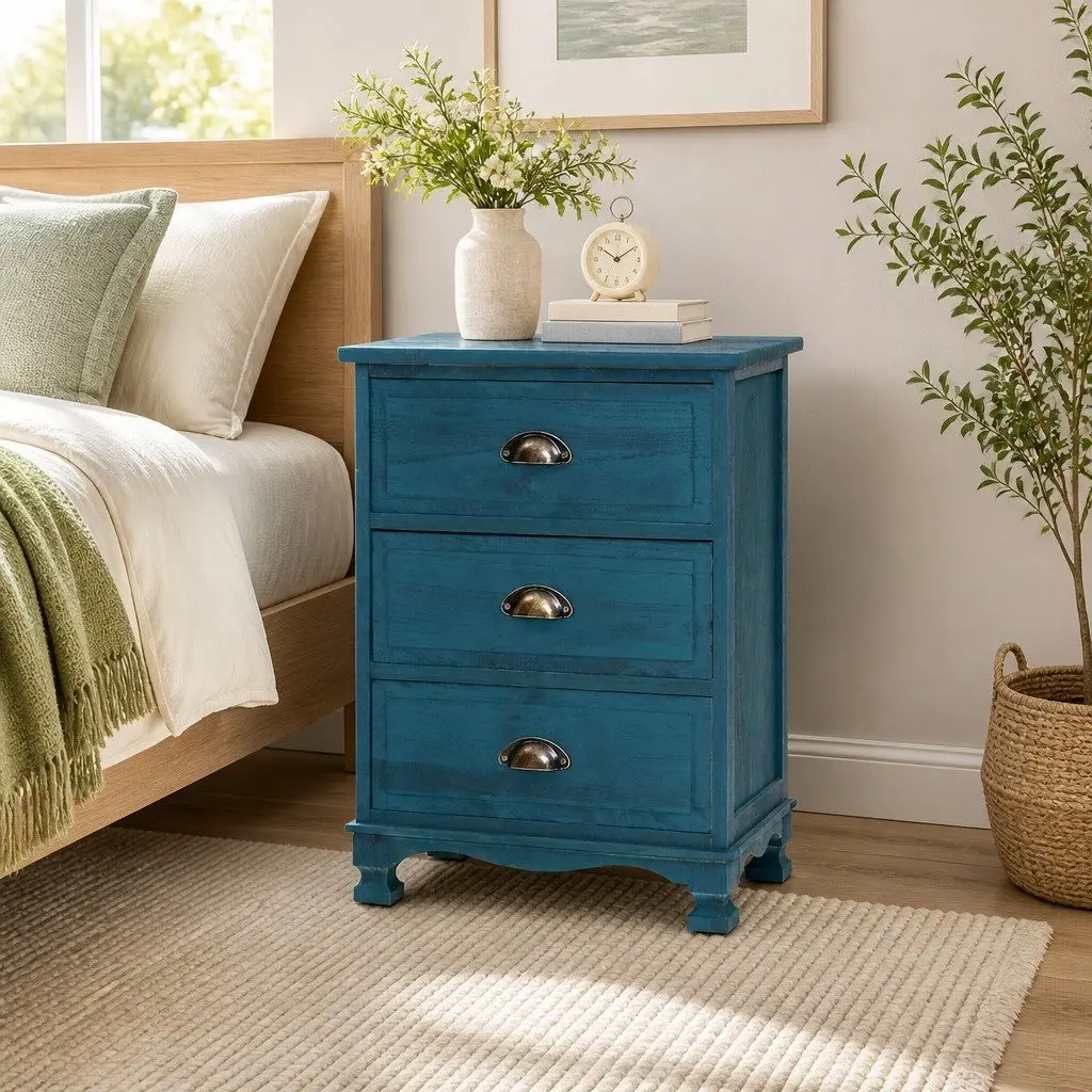 3 Drawer Bedside Table Wooden Blue Vintage Storage Cabinet