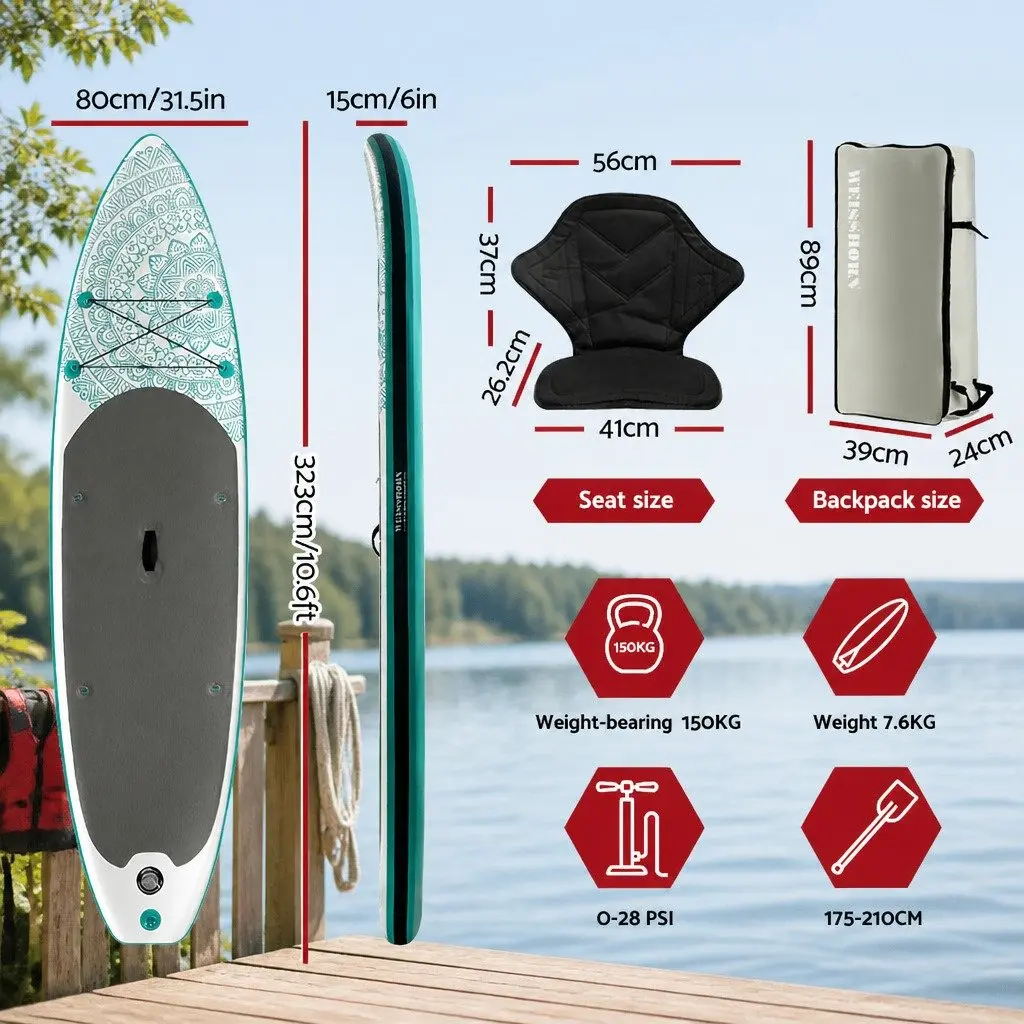 Inflatable Stand Up Paddle Board Drop-Stitch Core 10.6ft Green