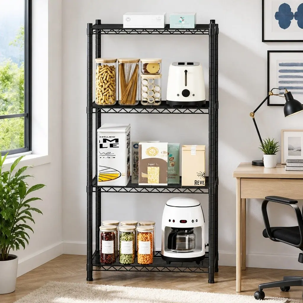 4 Tier Adjustable Steel Kitchen Garage Rack Black V Shaped Mesh Shelves