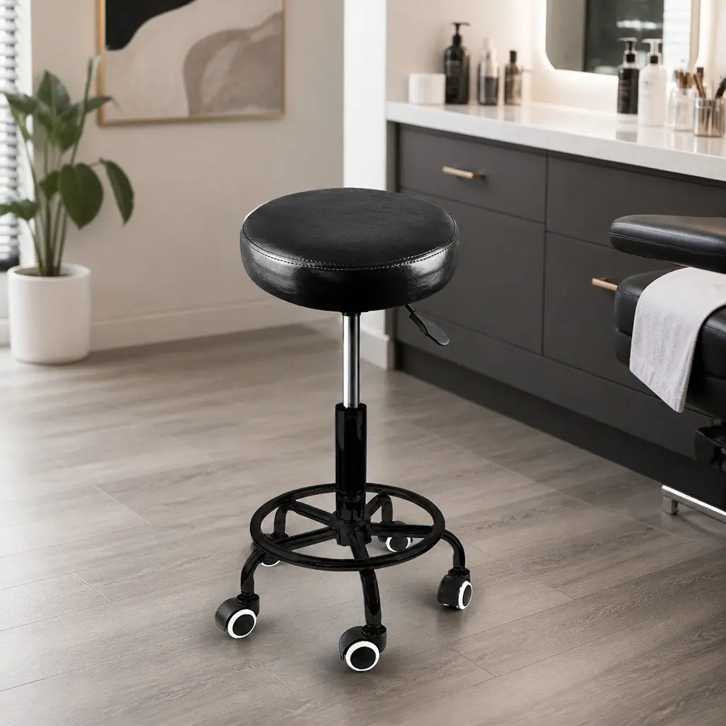 Salon Stool PU Leather Black Adjustable Height Swivel Chair