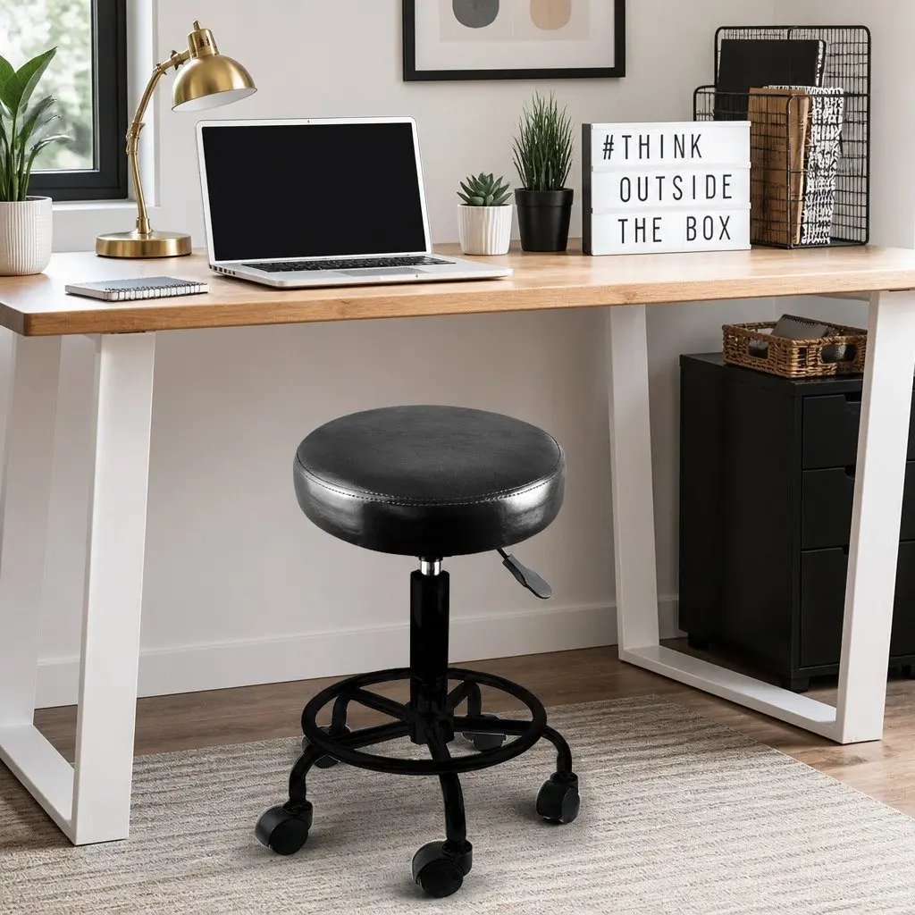 Salon Stool PU Leather Black Adjustable Height Swivel Chair