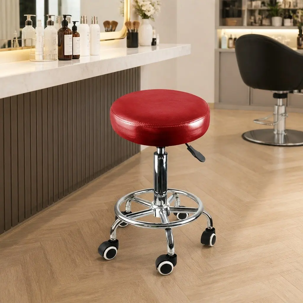Adjustable Red Salon Stool with 360-Degree Rotation