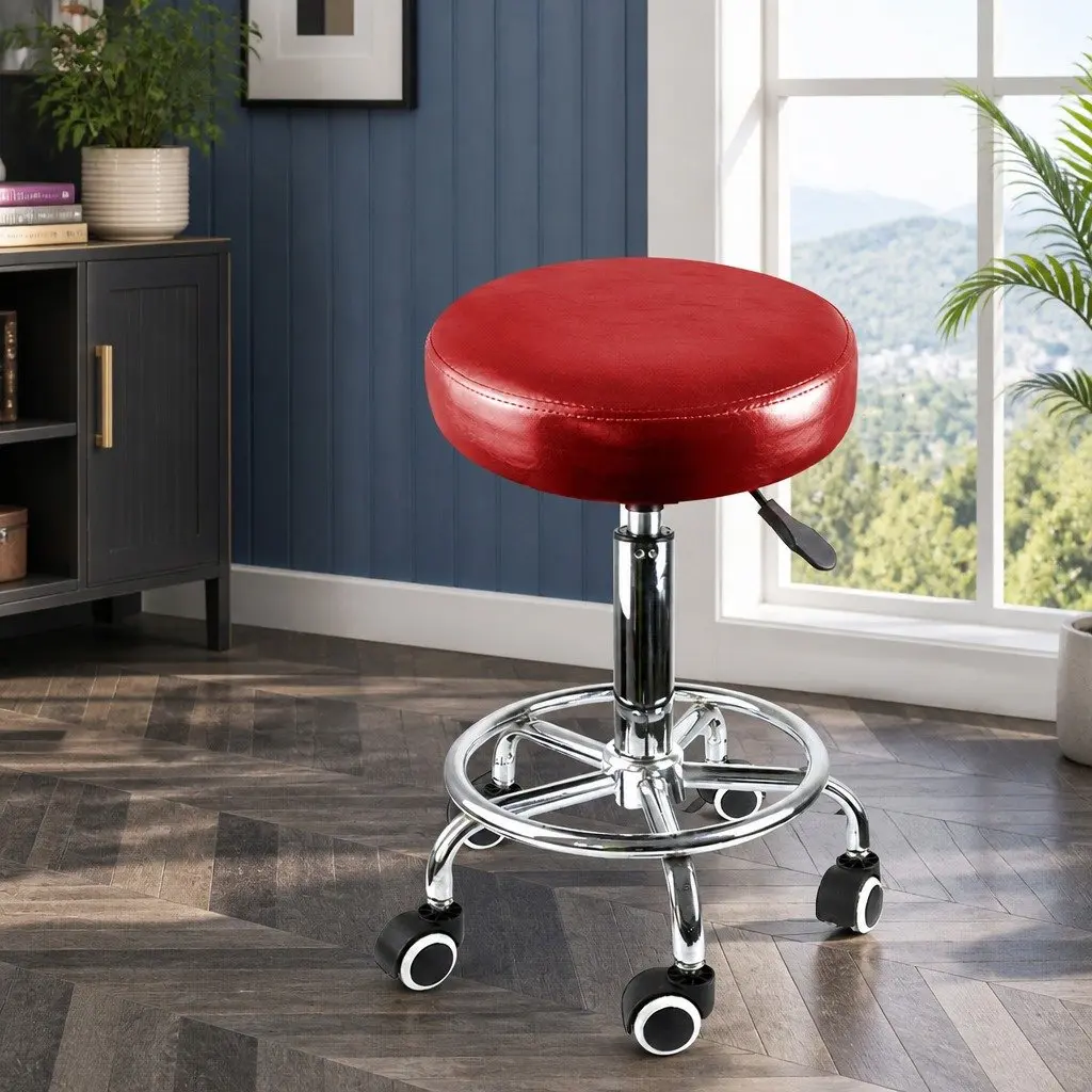 Salon Stool PU Leather Adjustable Red 360 Degree Swivel Chair with Steel Frame and Smooth Rolling Casters
