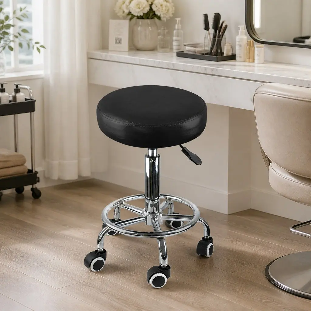 Salon Stool PU Leather High Density Foam 35cm x 35cm x 65cm Silver and Black