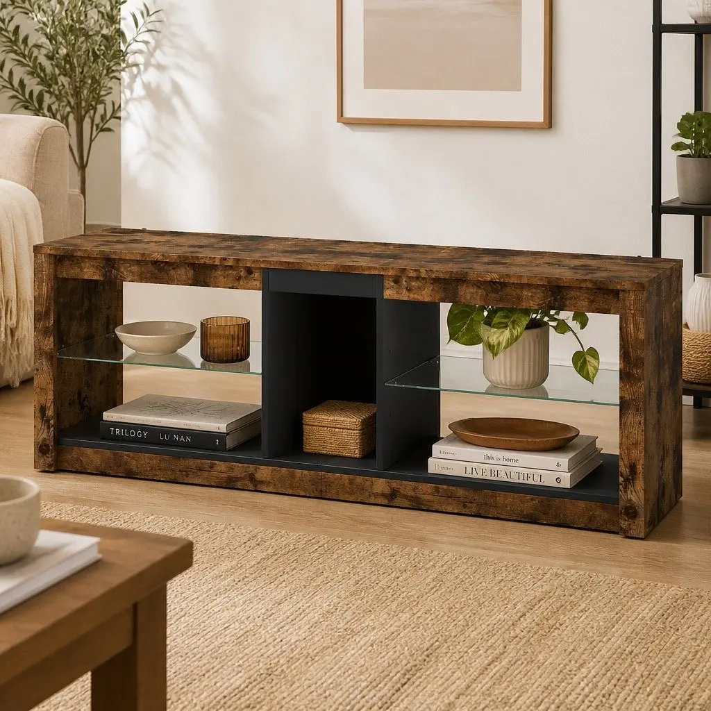 TV Stand Cabinet with LED Lighting and Glass Shelves