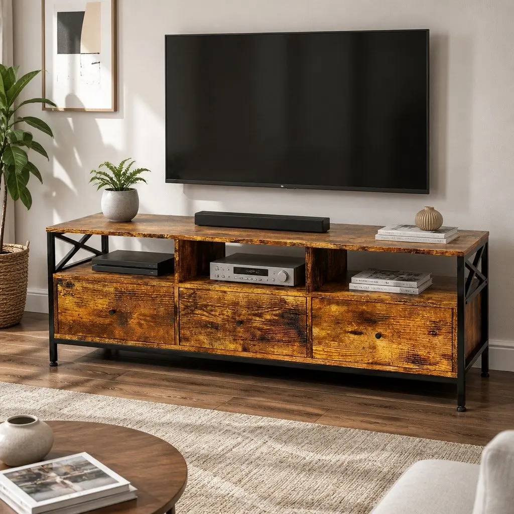 147cm Industrial TV Stand Cabinet with Open Shelves