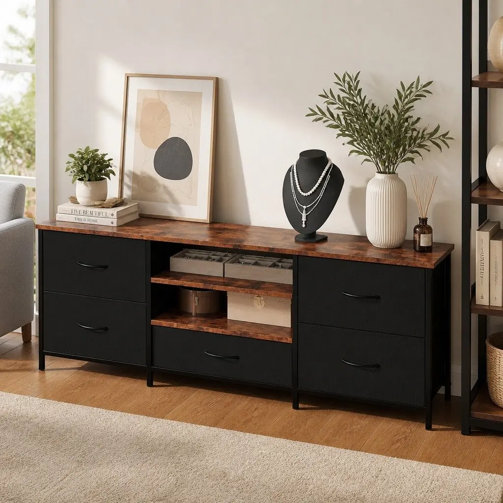 TV Stand Cabinet E1 PB Board 140cm Tiger Wood Brown with Black Fabric Drawers