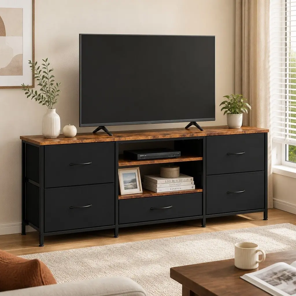 TV Stand Cabinet E1 PB Board 140cm Tiger Wood Brown with Black Fabric Drawers