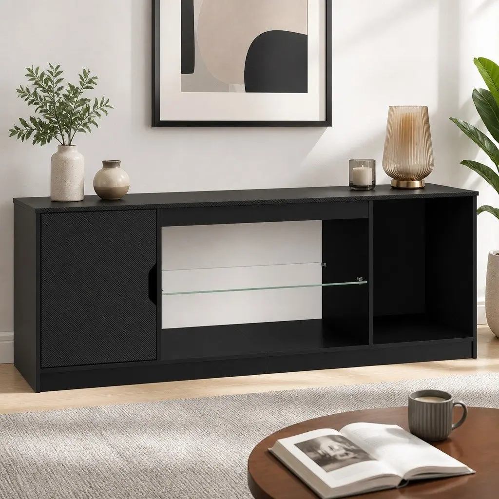TV Stand Storage Cabinet P2 Particle Board 145x35x52.5cm Black LED Entertainment Unit
