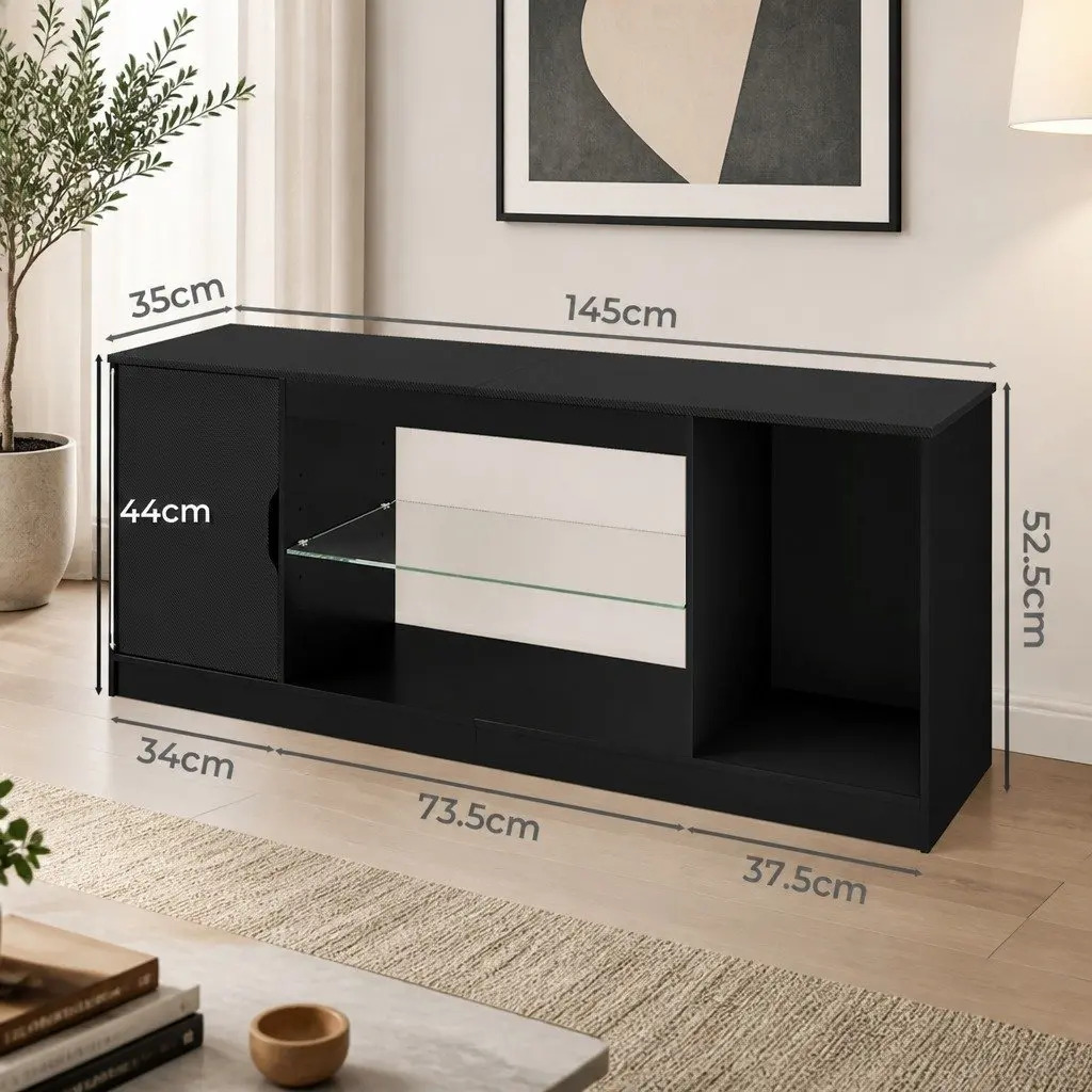 TV Stand Storage Cabinet P2 Particle Board 145x35x52.5cm Black LED Entertainment Unit