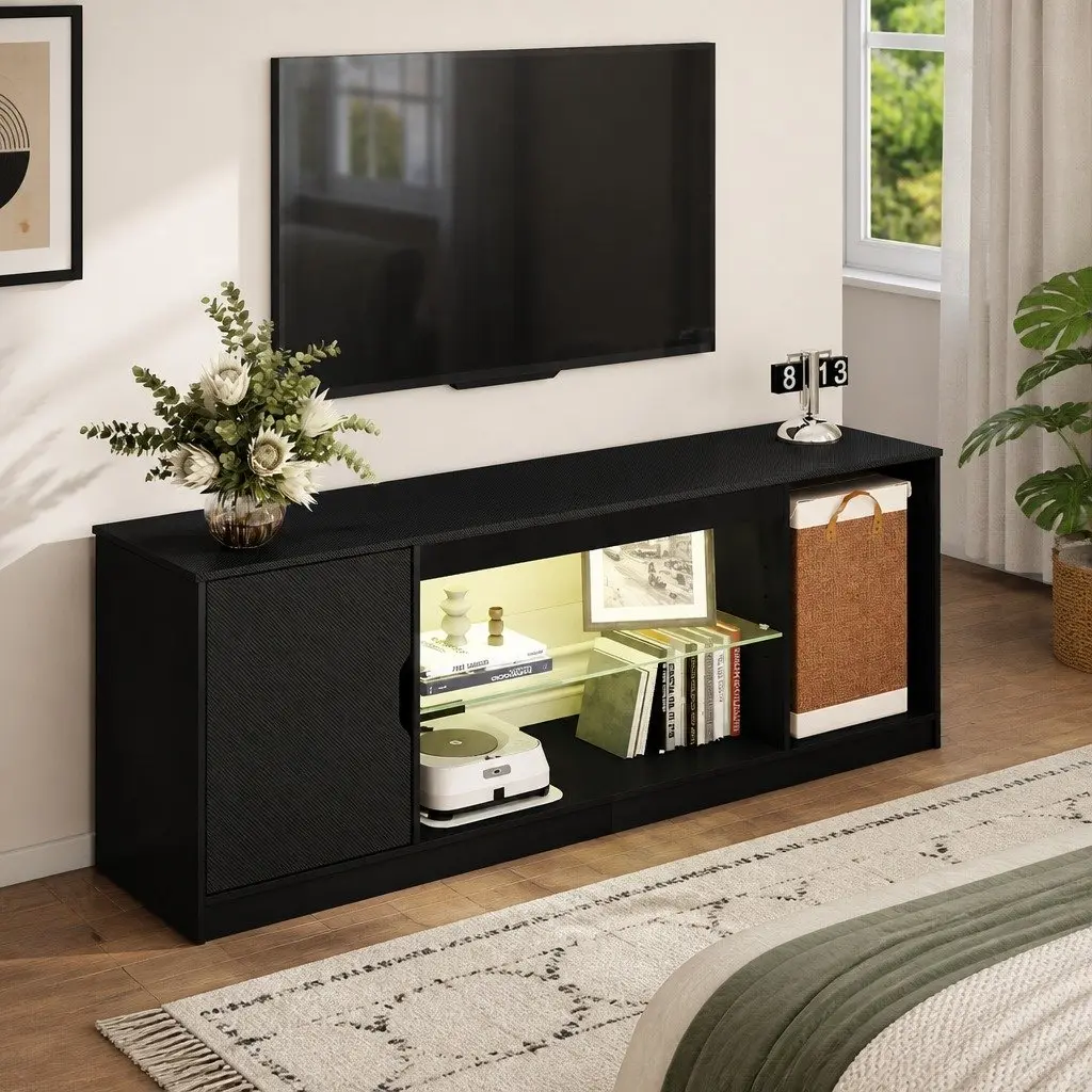 TV Stand Storage Cabinet P2 Particle Board 145x35x52.5cm Black LED Entertainment Unit