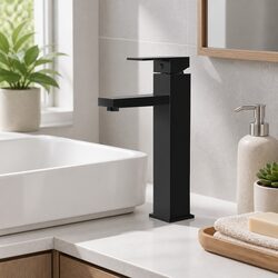 Tall Square Bathroom Basin Mixer Tap in Matte Black