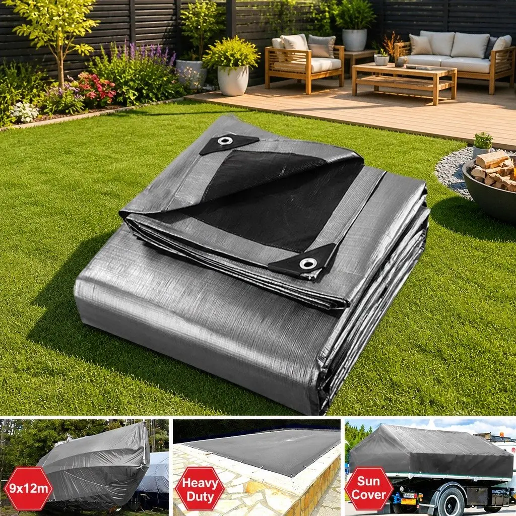 Poly Tarp High-Density Polyethylene 9x12m Silver-Black Heavy Duty Waterproof Camping Caravan Sun Shade Cover