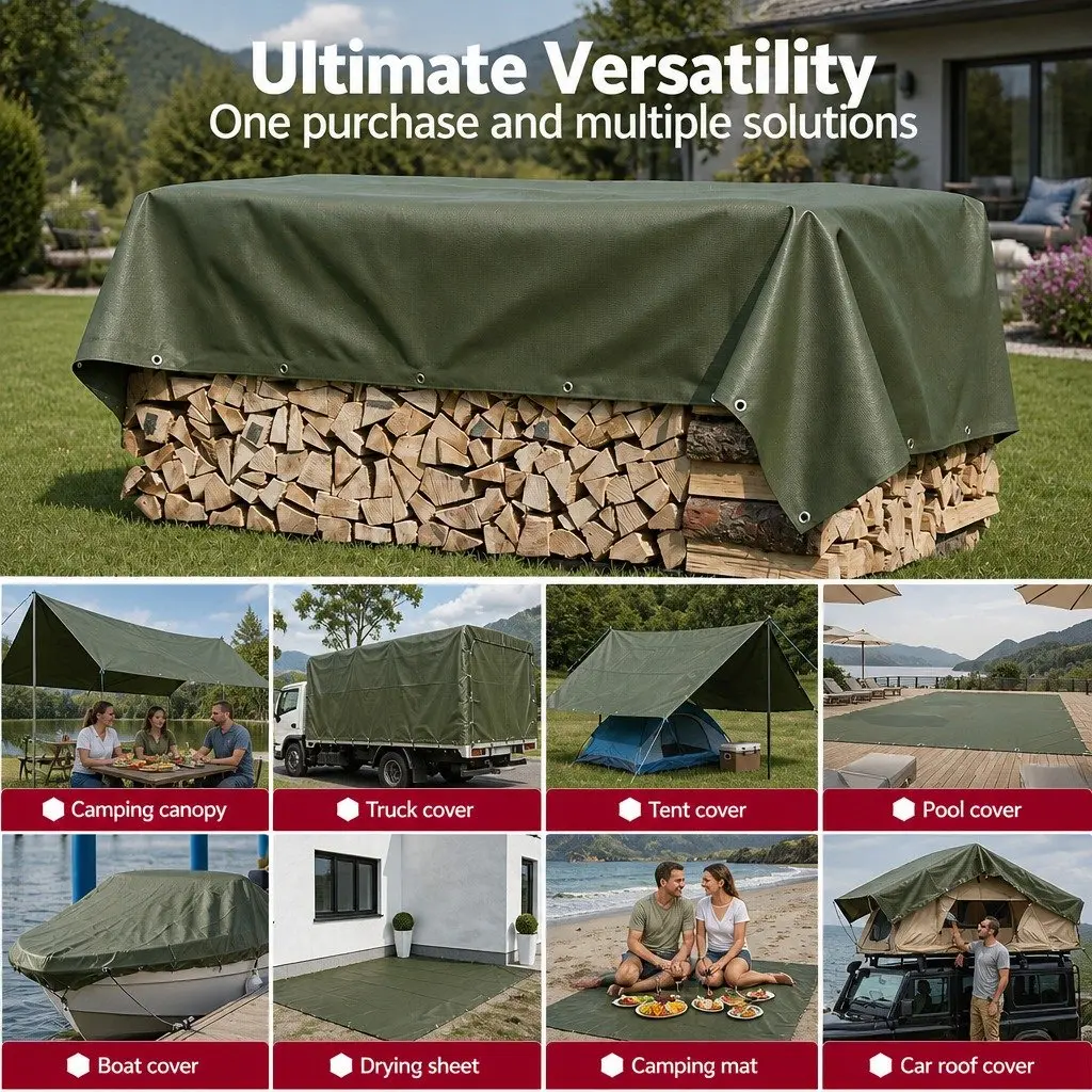 Heavy Duty Tarp Canvas 3x4m Green Waterproof UV Resistant Outdoor Cover