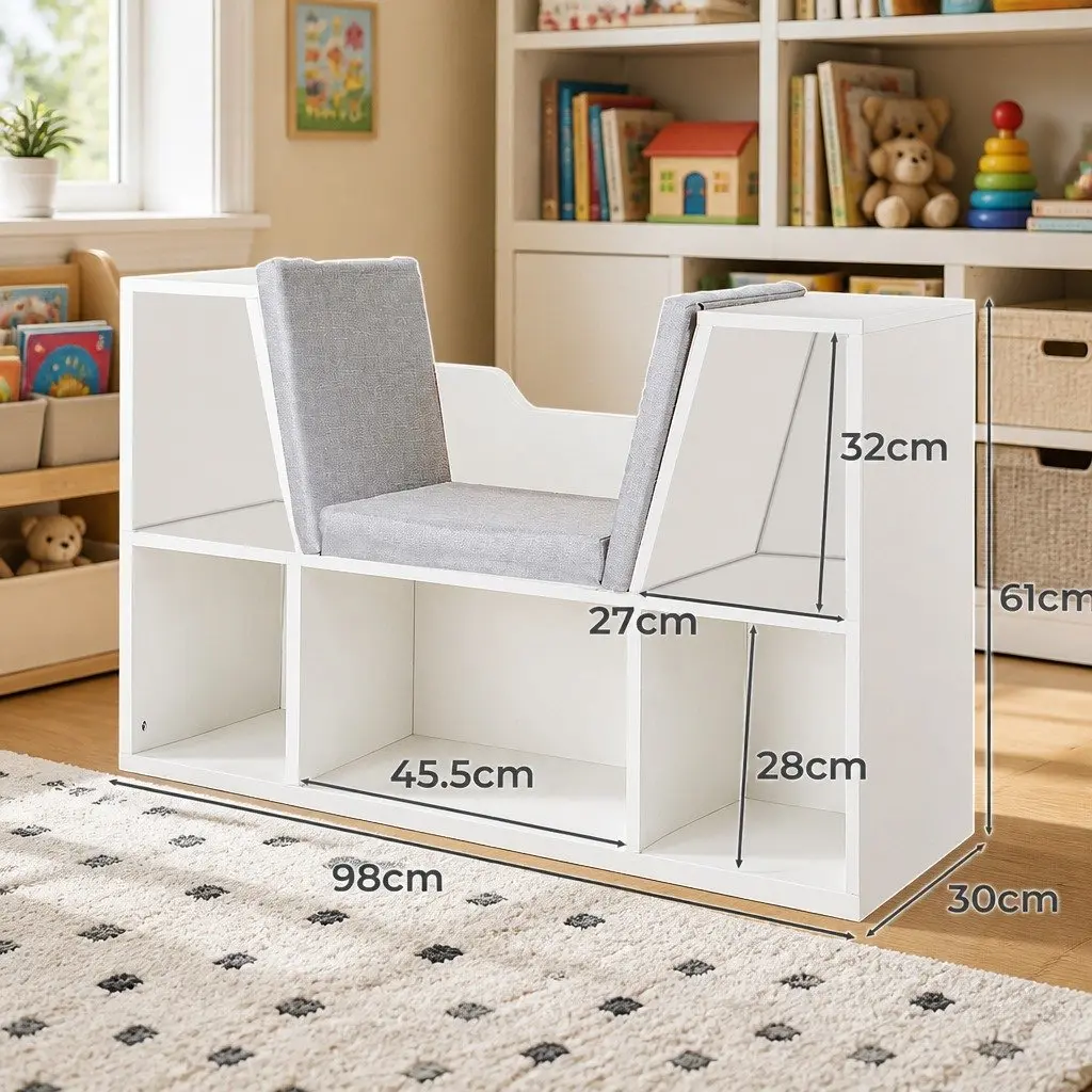 Kids Toy Box Storage Bookcase Shelf Organiser MDF 98cm x 30cm x 61cm White