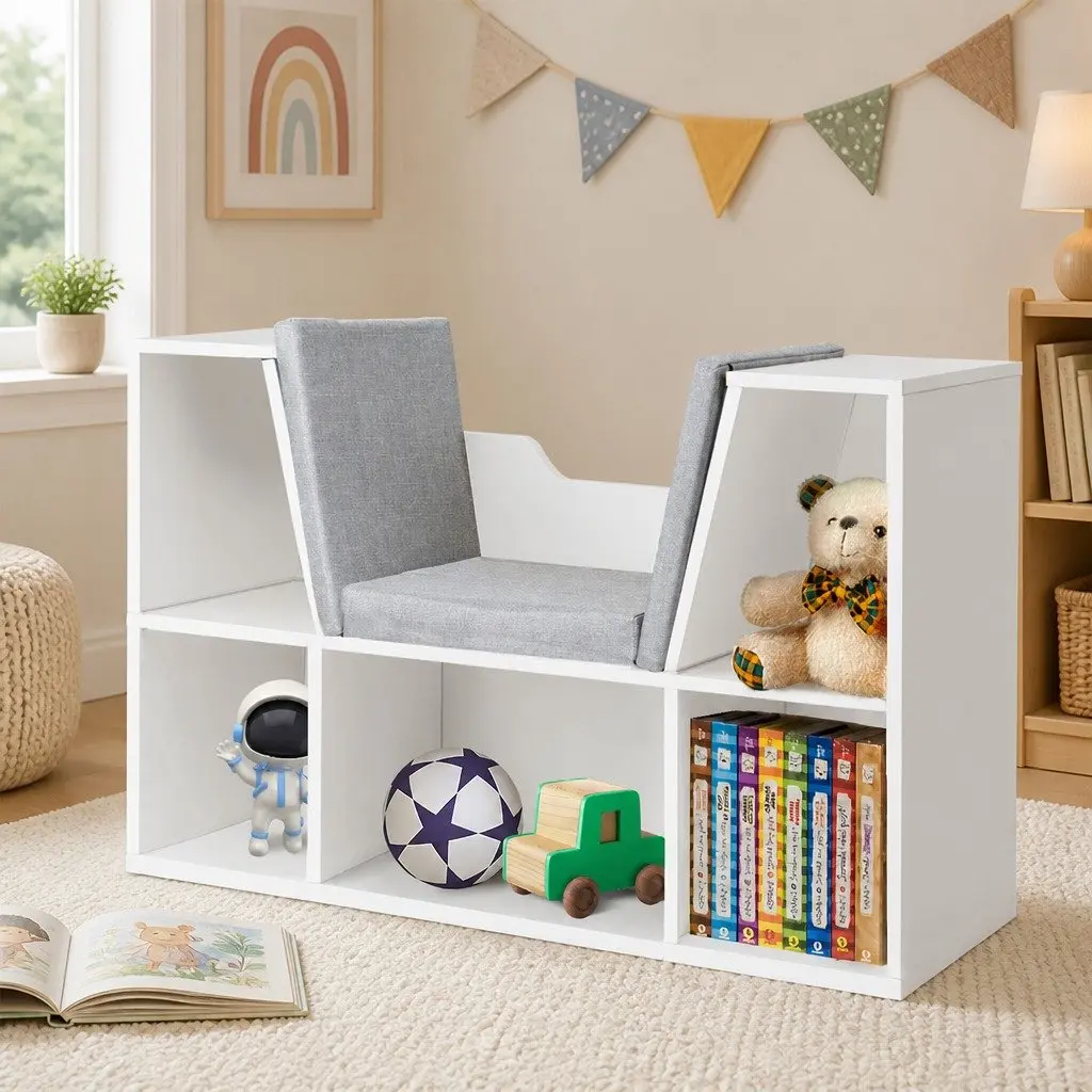 Kids Toy Box Storage Bookcase Shelf Organiser MDF 98cm x 30cm x 61cm White