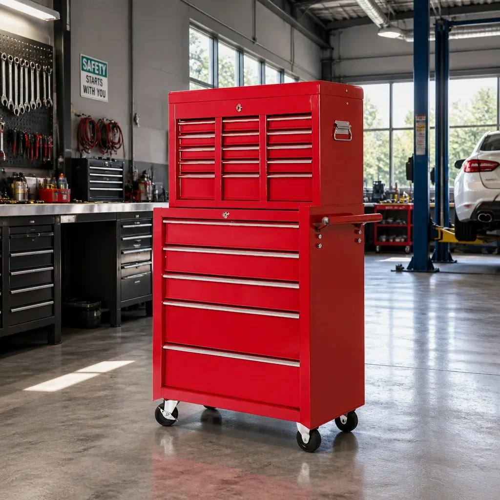 14 Drawer Tool Box Cabinet Storage Trolley Chest Mechanic Garage Workshop Red