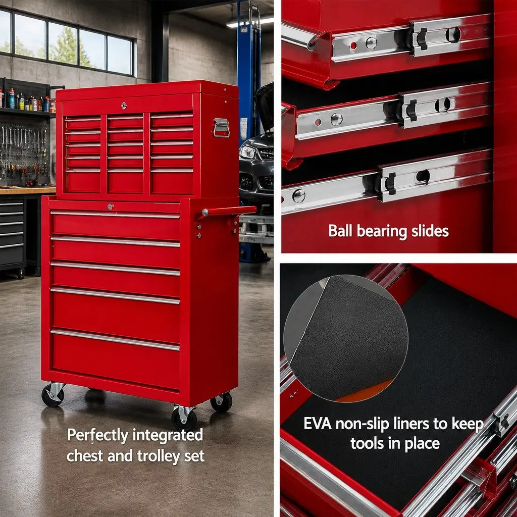 14 Drawer Tool Box Cabinet Storage Trolley Chest Mechanic Garage Workshop Red