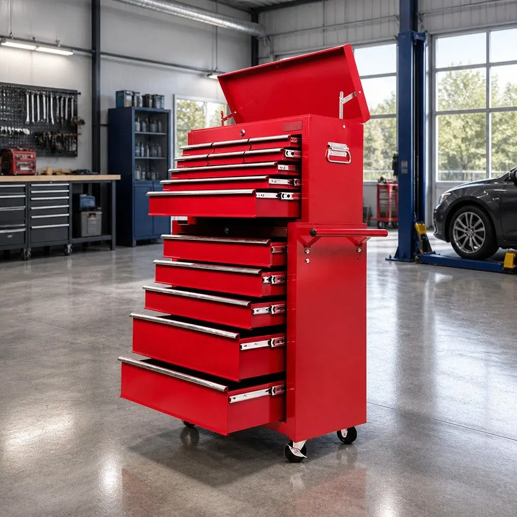 14 Drawer Tool Box Cabinet Storage Trolley Chest Mechanic Garage Workshop Red