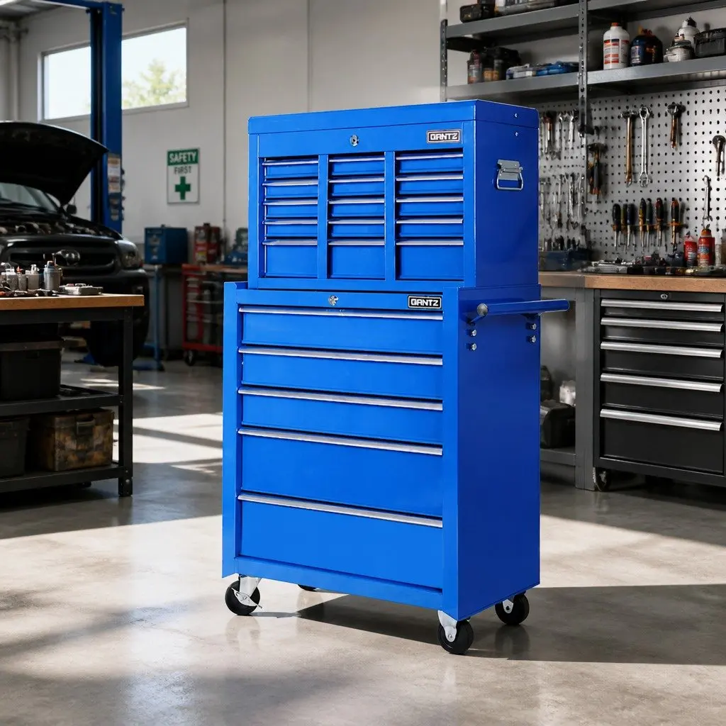 Tool Cabinet Steel 14 Drawer Blue Mobile Trolley Chest Storage Mechanic Garage Workshop