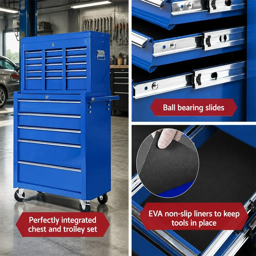 Tool Cabinet Steel 14 Drawer Blue Mobile Trolley Chest Storage Mechanic Garage Workshop