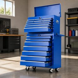 Durable 16-Drawer Tool Chest Trolley in Blue Steel