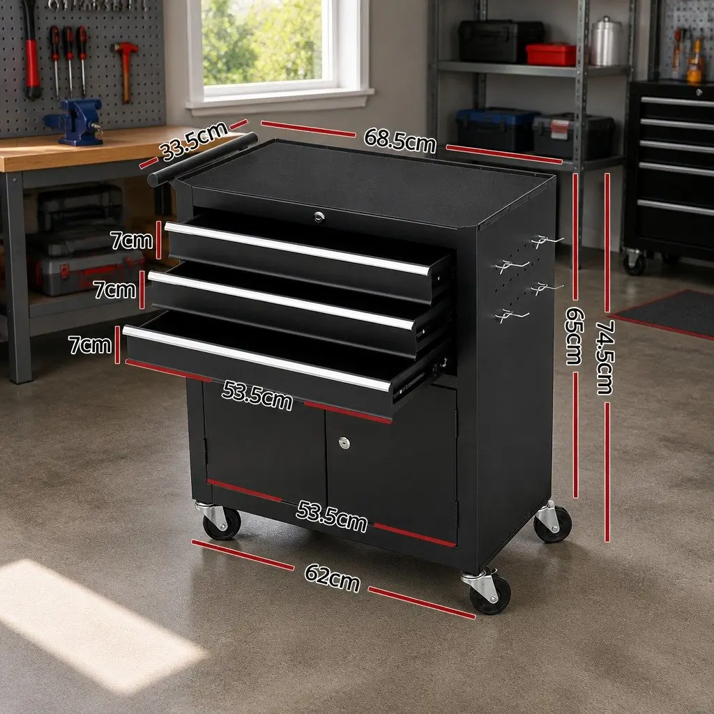 3 Drawer Tool Box Chest Cabinet Storage Organiser with Wheels Lockable Castors