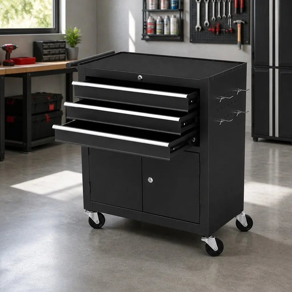 3 Drawer Tool Box Chest Cabinet Storage Organiser with Wheels Lockable Castors