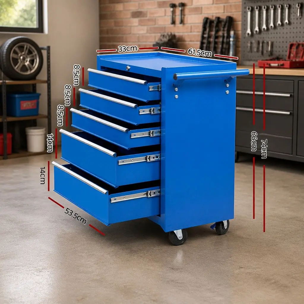 5 Drawer Tool Box Chest Trolley Cabinet Garage Workshop Storage Organiser Blue