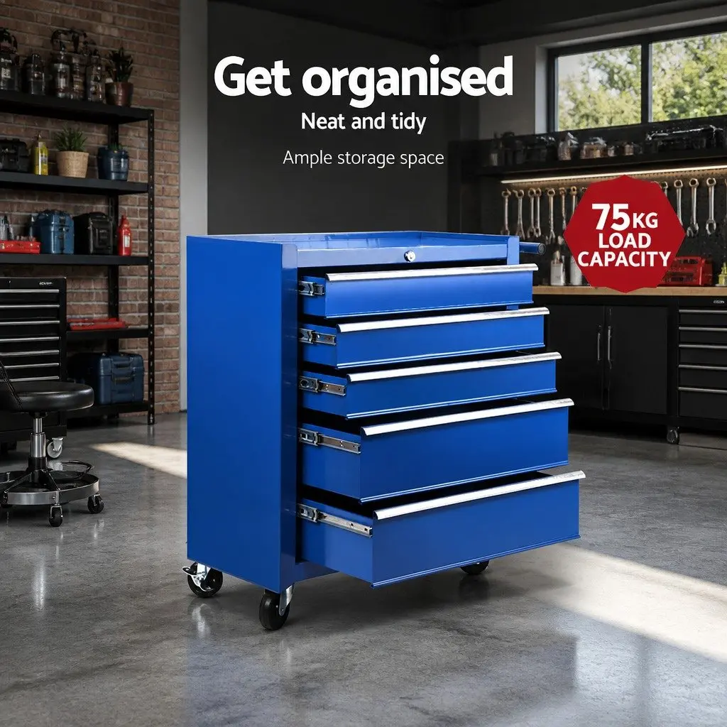 5 Drawer Tool Box Chest Trolley Cabinet Garage Workshop Storage Organiser Blue