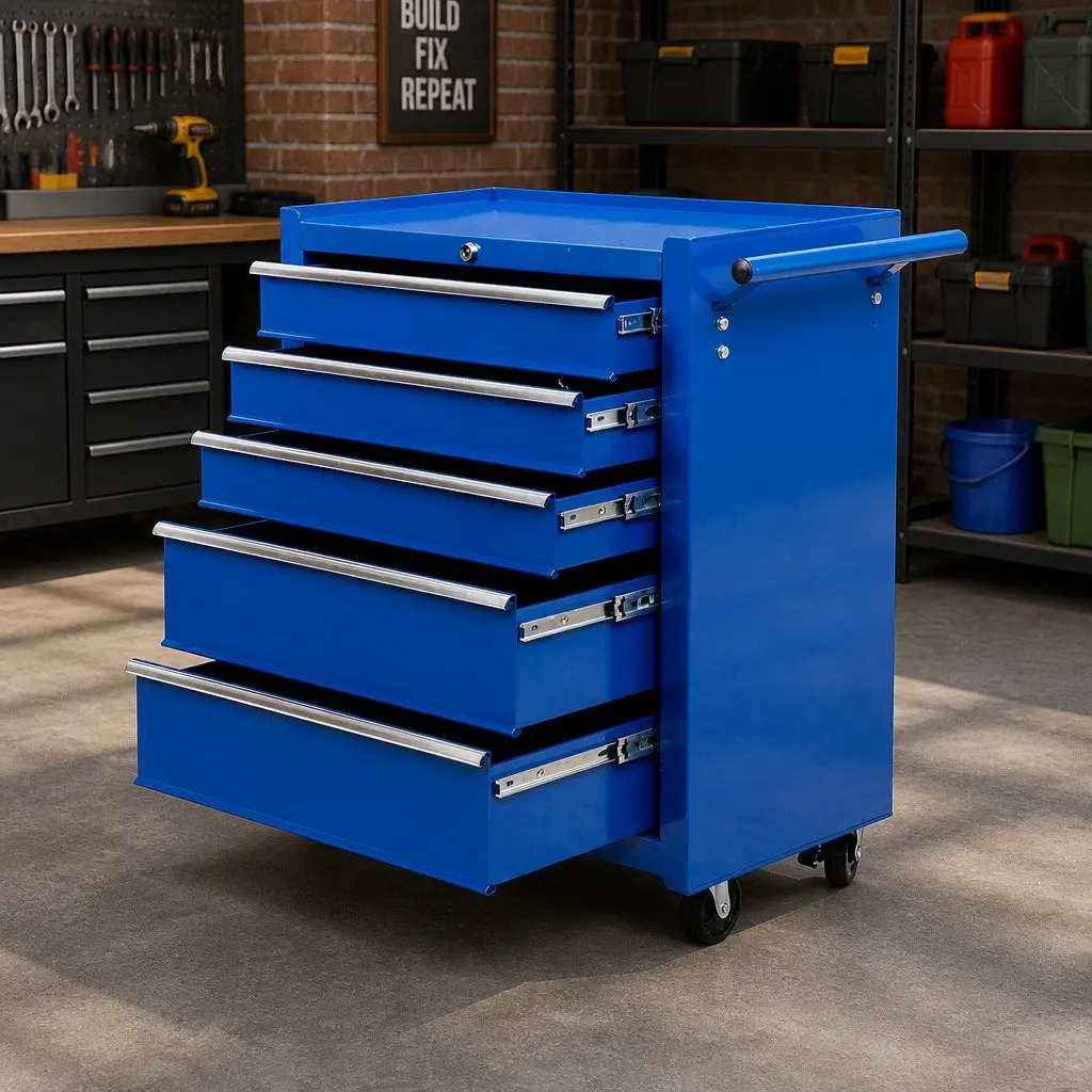 5 Drawer Tool Box Chest Trolley Cabinet Garage Workshop Storage Organiser Blue