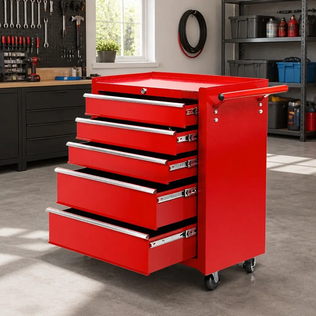 5 Drawer Tool Box Cabinet Trolley in Red