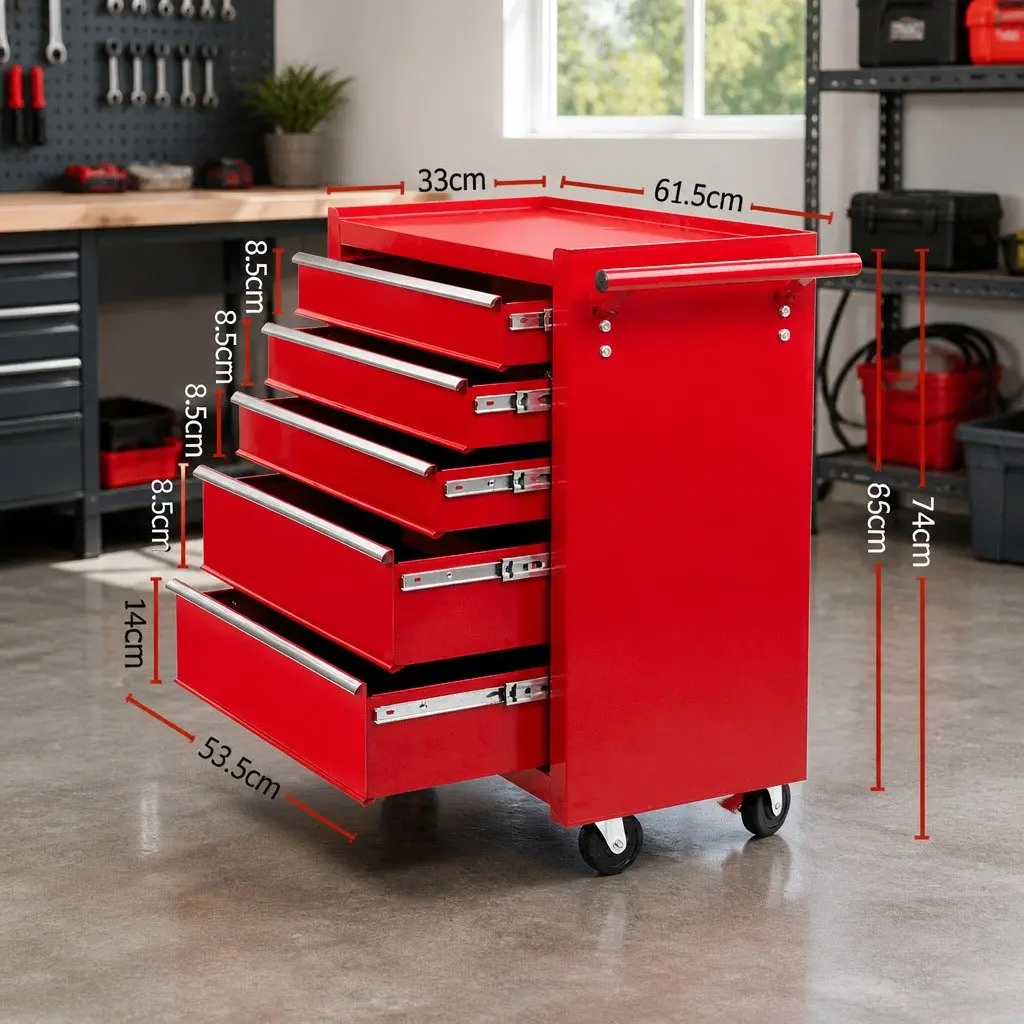 5 Drawer Tool Box Cabinet Trolley in Red