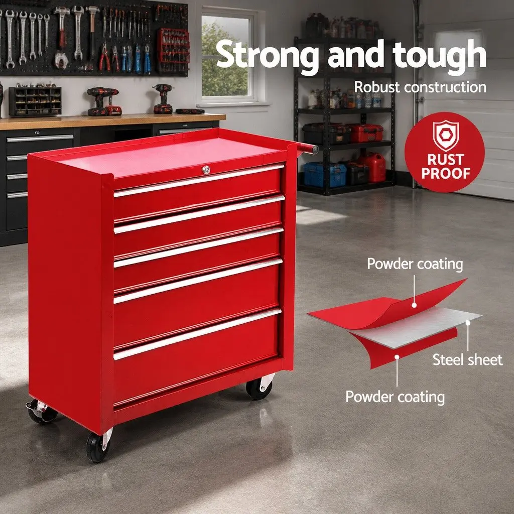 5 Drawer Tool Box Cabinet Trolley in Red