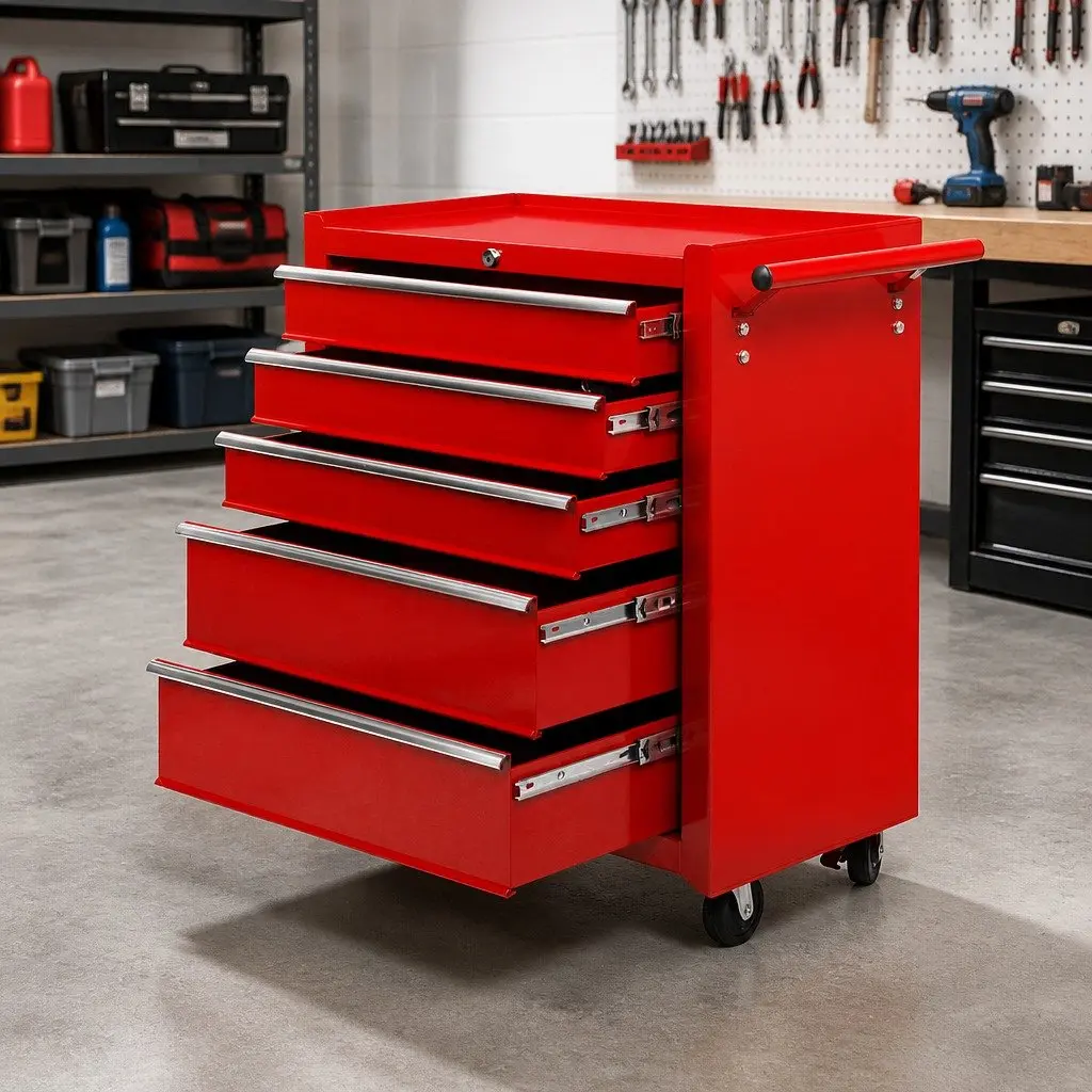 5 Drawer Tool Box Cabinet Trolley in Red