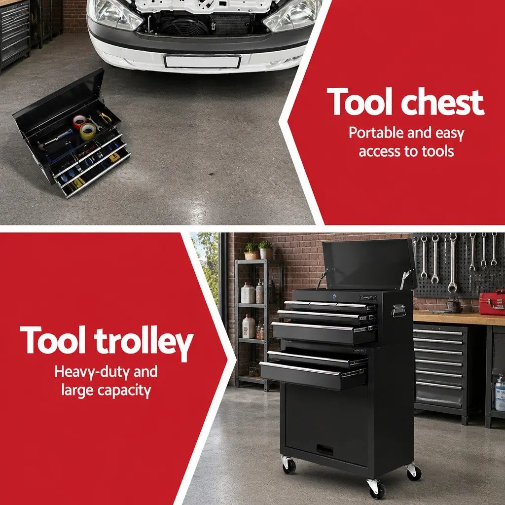 7 Drawer Tool Box Chest Trolley Garage Workshop Storage Cabinet Organiser Black