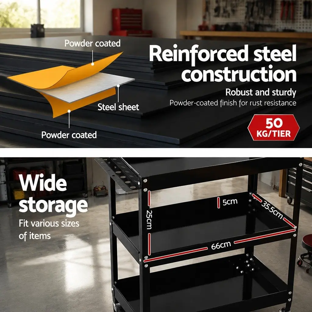 3-Tier Tool Cart for Garage & Workshop Storage